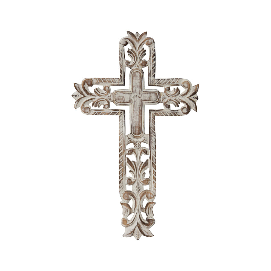 Hand-Carved Cross W Fleur-De-Lis Wall Art 25x40cm