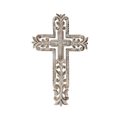 Hand-Carved Cross W Fleur-De-Lis Wall Art 25x40cm