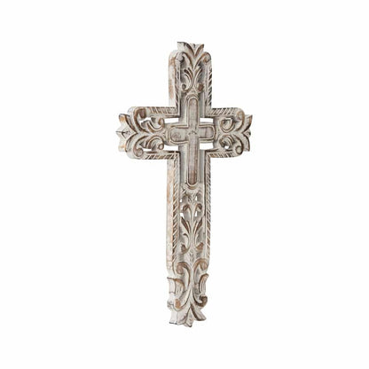 Hand-Carved Cross W Fleur-De-Lis Wall Art 25x40cm