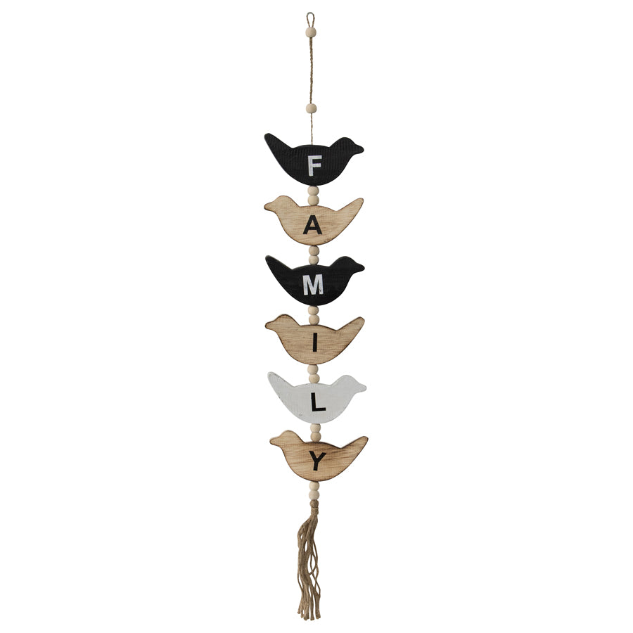 Handcrafted Hanging Bird Family Mobile, 15x85cm, Wood, Black/White/Natural