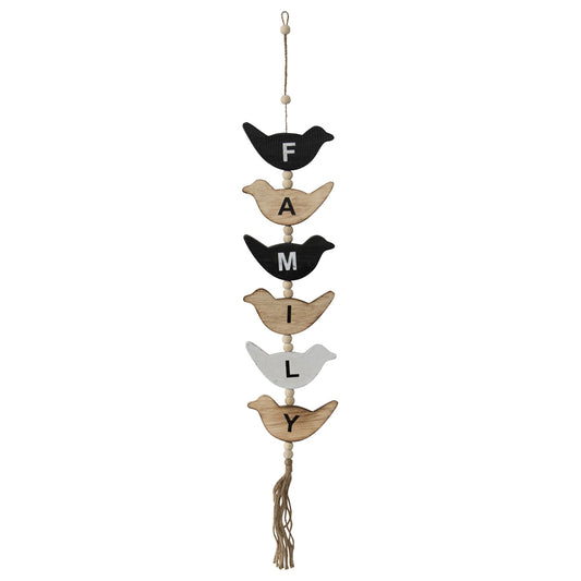 Handcrafted Hanging Bird Family Mobile, 15x85cm, Wood, Black/White/Natural