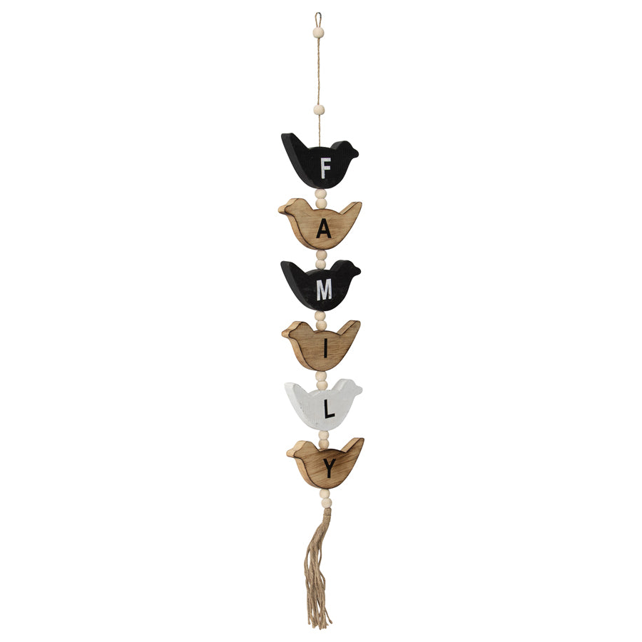Handcrafted Hanging Bird Family Mobile, 15x85cm, Wood, Black/White/Natural