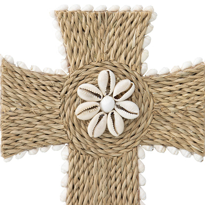 Handcrafted Shell & Broad Weave Wall Hanging Cross 32x23cm