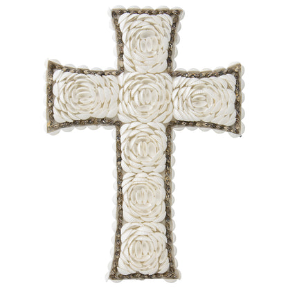 Handcrafted Weave & White Shell 'Flower' Wall Hanging Cross 16x3cm