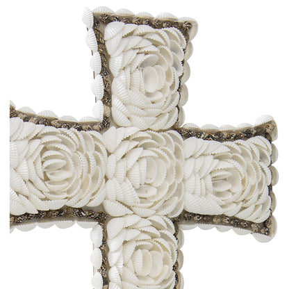 Handcrafted Weave & White Shell 'Flower' Wall Hanging Cross 16x3cm