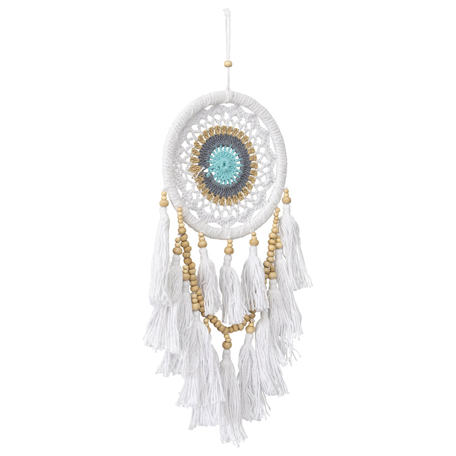 Dream Catcher Boho Handcrafted Layered Tassels & Beads - White, Turqoise, Natural