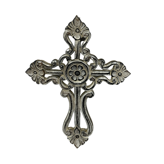 Handcrafted Ornate Taupe Scroll-Design Wall Cross 20x30cm