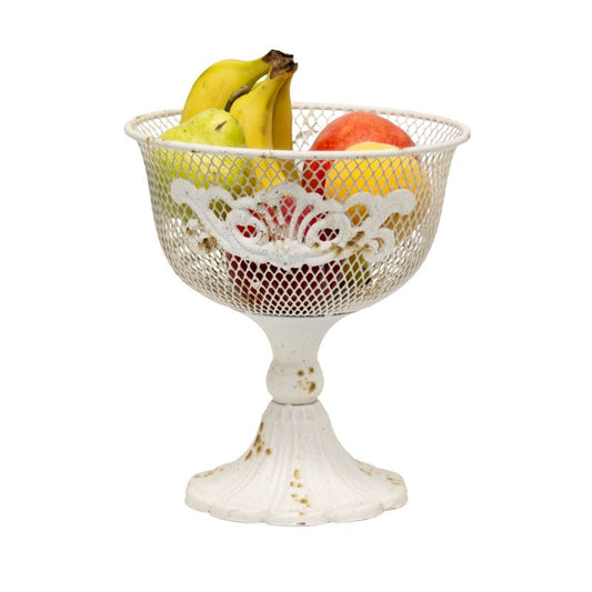 French Provincial Metal Footed Bowl with Fleur-Di-Lis 24cm - Distressed White