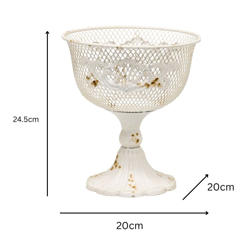 French Provincial Metal Footed Bowl with Fleur-Di-Lis 24cm - Distressed White