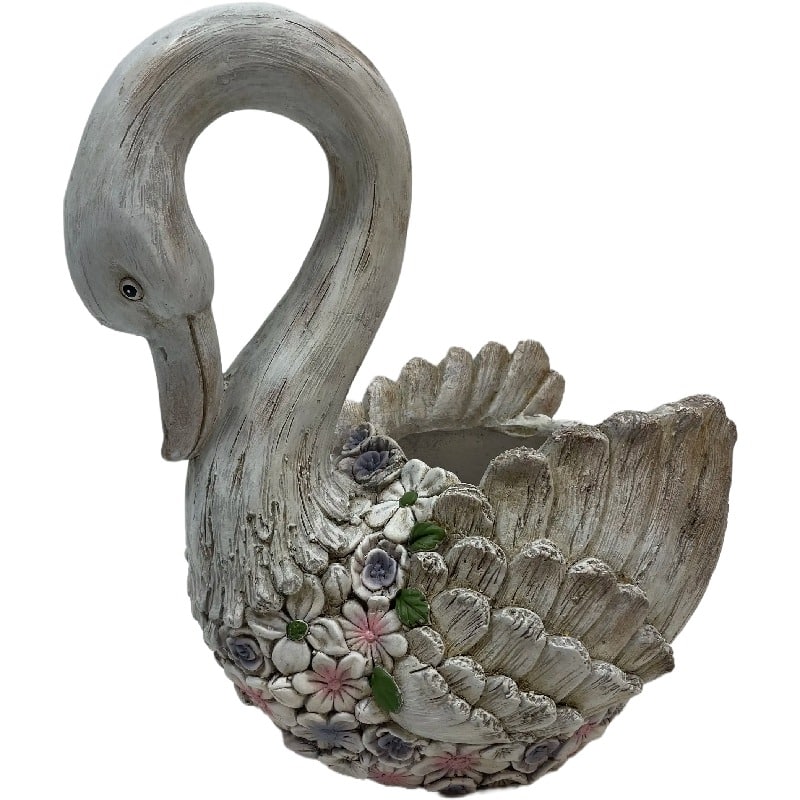 Swan + Flowers Planter w Hole + Plug 52cm