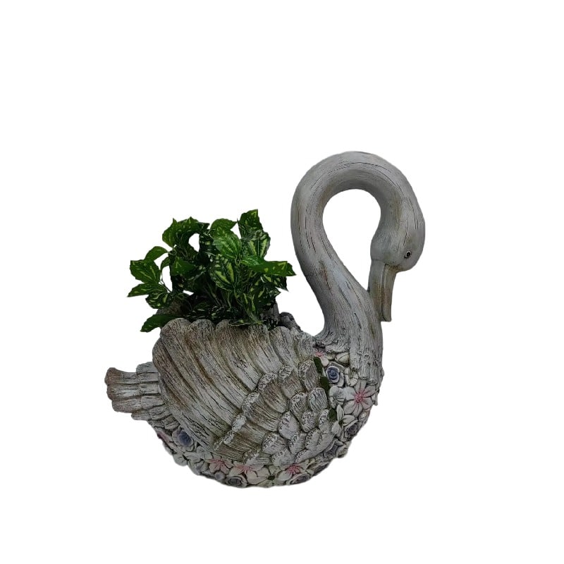 Swan + Flowers Planter w Hole + Plug 52cm