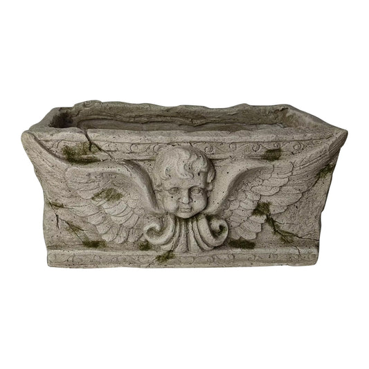 Aged Rectangular Planter w Angel 37cm