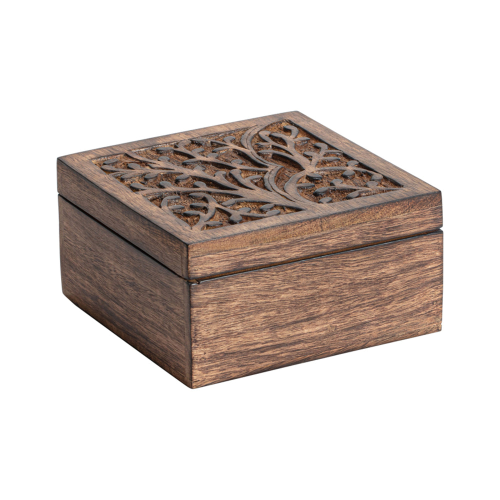 Handcrafted Mangowood Square Tree of Life Box 15cm