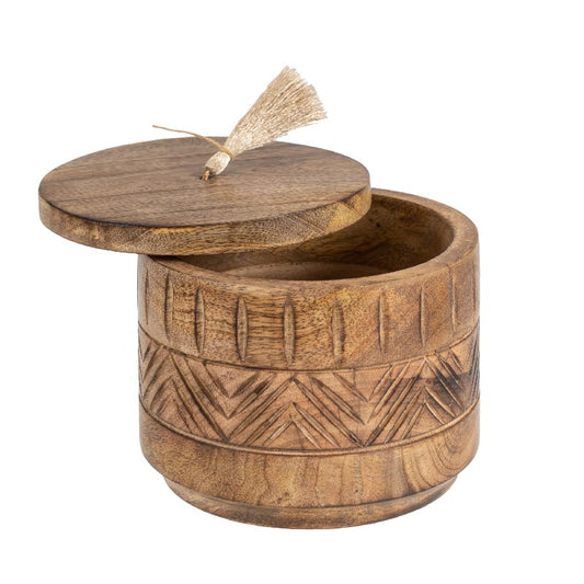 Handcrafted Round Box with Aztec Carving - 15cm Wood