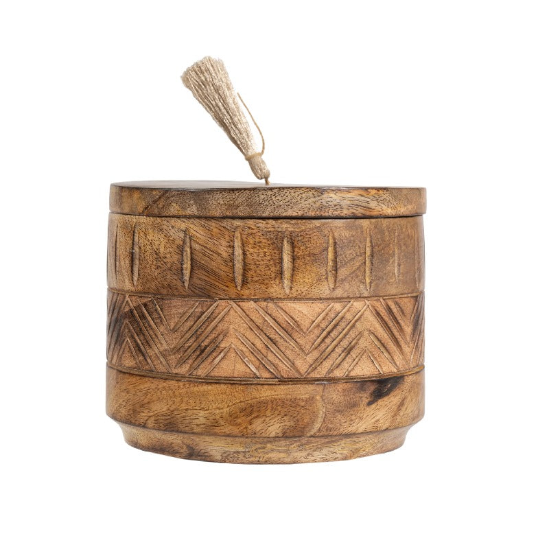 Handcrafted Round Box with Aztec Carving - 15cm Wood