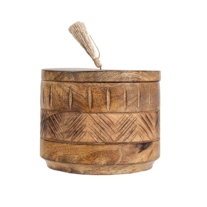 Handcrafted Round Box with Aztec Carving - 15cm Wood