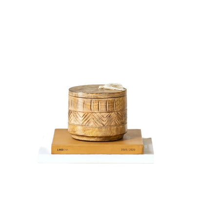 Handcrafted Round Box with Aztec Carving - 15cm Wood