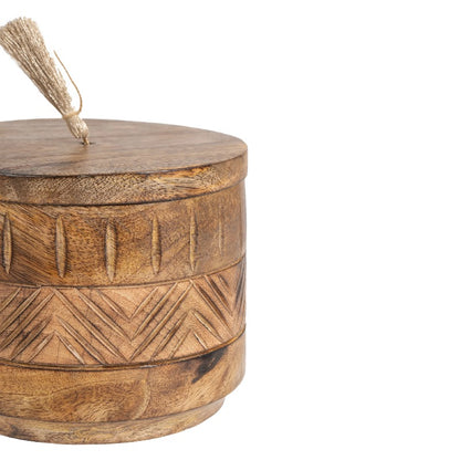 Handcrafted Round Box with Aztec Carving - 15cm Wood