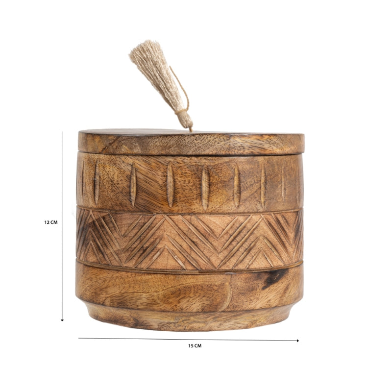 Handcrafted Round Box with Aztec Carving - 15cm Wood