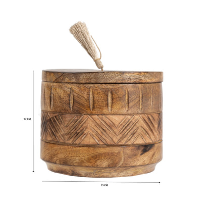 Handcrafted Round Box with Aztec Carving - 15cm Wood