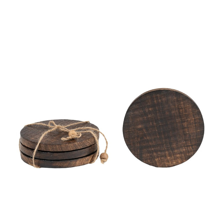 Handcrafted Burnt Finish 4pc Coaster Set w Tie 10cm