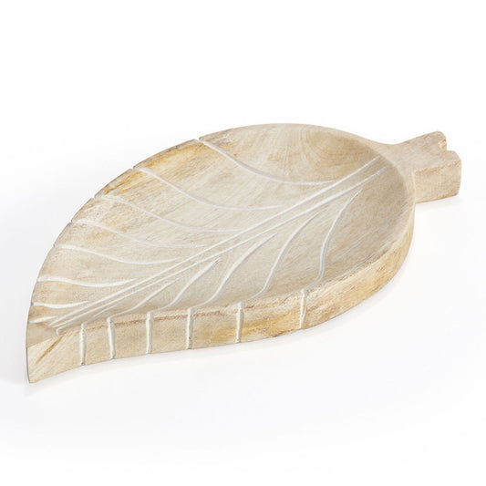 Hand carved Mango Wood Leaf Shape Tray 30cm