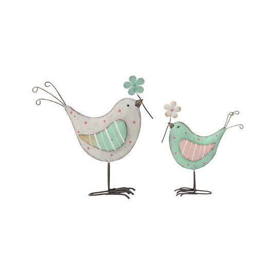 Set 2 Asst Sweetheart Birds w Flower, Iron Metal, 17cm, White, Green, Pink, Rust