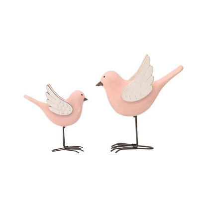 Mum & Child Blush Birds Ornament Set 2, 13cm, Paulownia Wood, Pink, White
