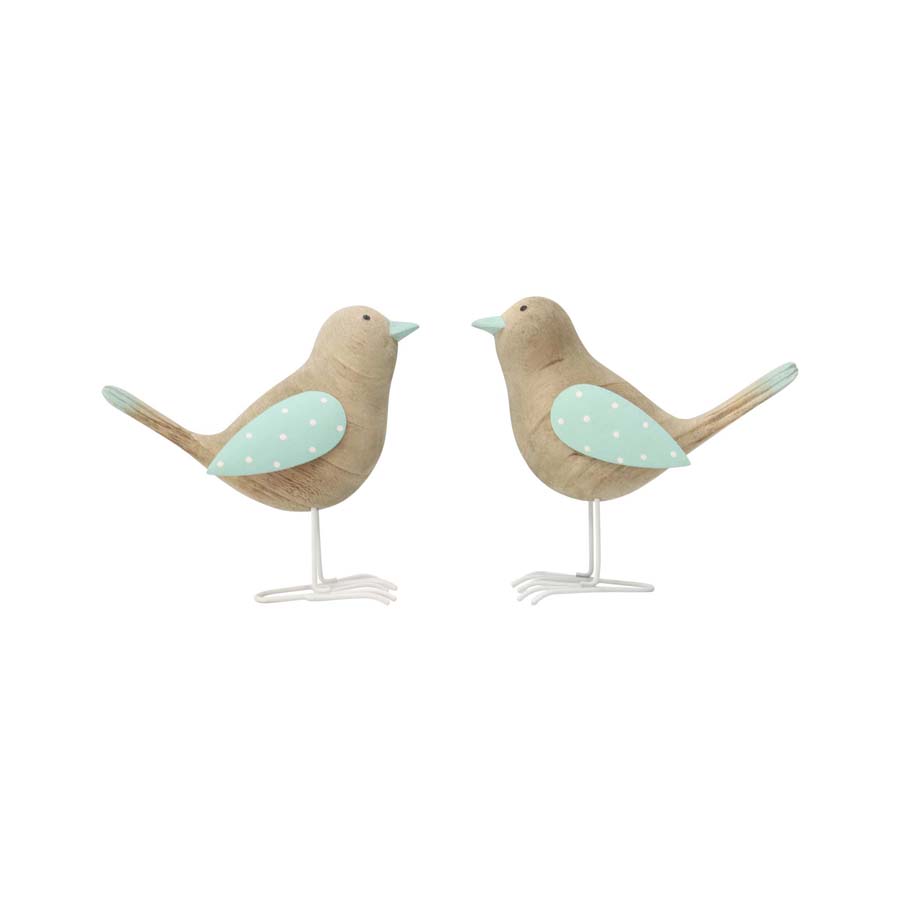 Set 2 Asst Shabby Birds Ornament, Natural Green White, 14cm