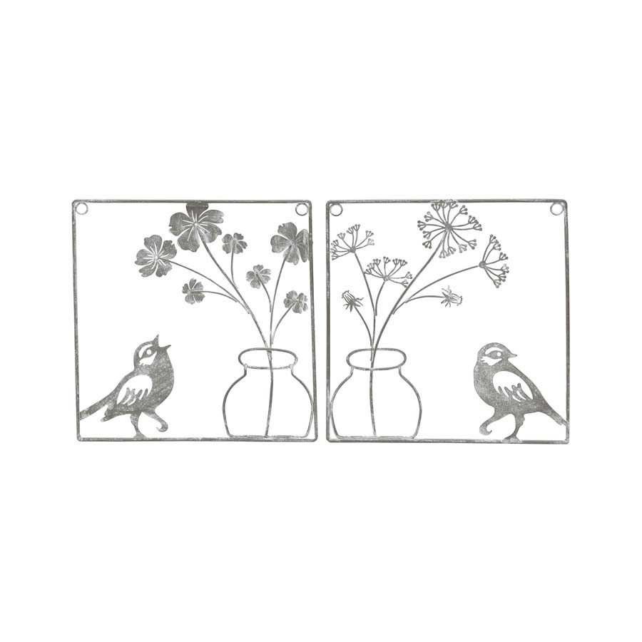 Set 2 Asst Wire Bird w Flower Vase Wall Art 20cm