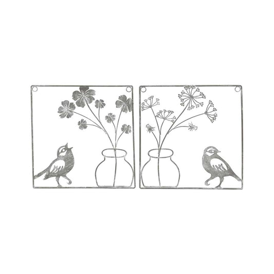 Set 2 Asst Wire Bird w Flower Vase Wall Art 20cm