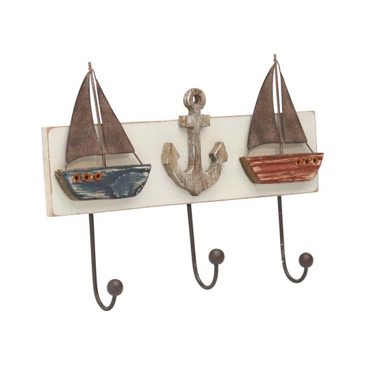 Boat & Anchor 3 Hook Wall Hanging, Multi-Colour, 28x4cm, Paulownia Wood