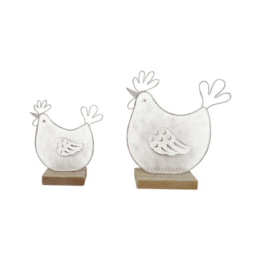 Set of 2 Mum & Child Wire Chooks on Wood Base 19cm