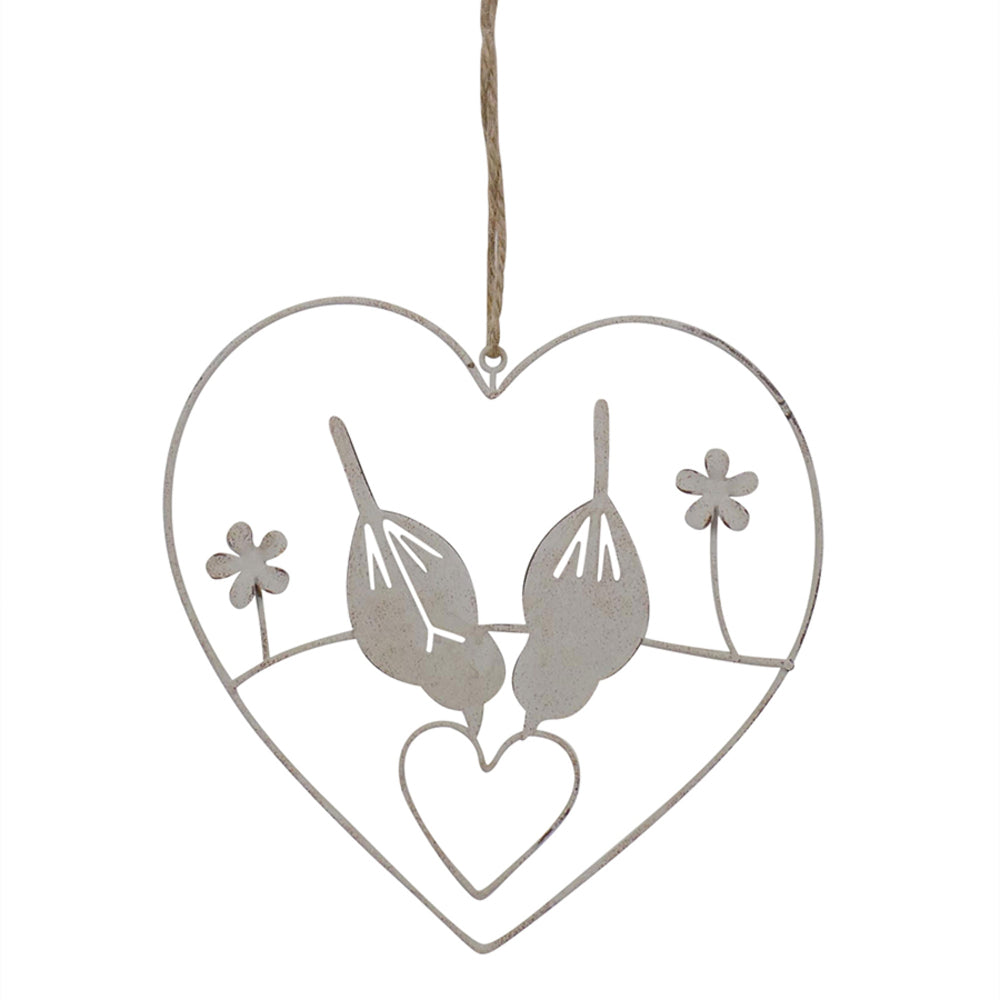 Premium Wall Art Hanging Decor: Lovebirds in Heart (15cm) - Distressed White