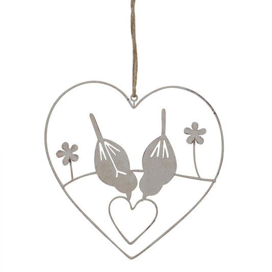 Premium Wall Art Hanging Decor: Lovebirds in Heart (15cm) - Distressed White