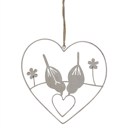 Premium Wall Art Hanging Decor: Lovebirds in Heart (15cm) - Distressed White