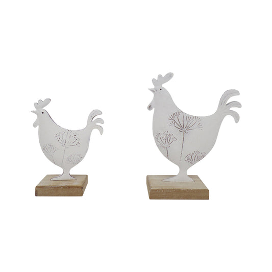 Set 2 Dad & Son French Country Roosters on Base, Distressed White, 19cm
