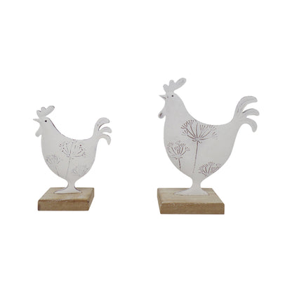 Set 2 Dad & Son French Country Roosters on Base, Distressed White, 19cm