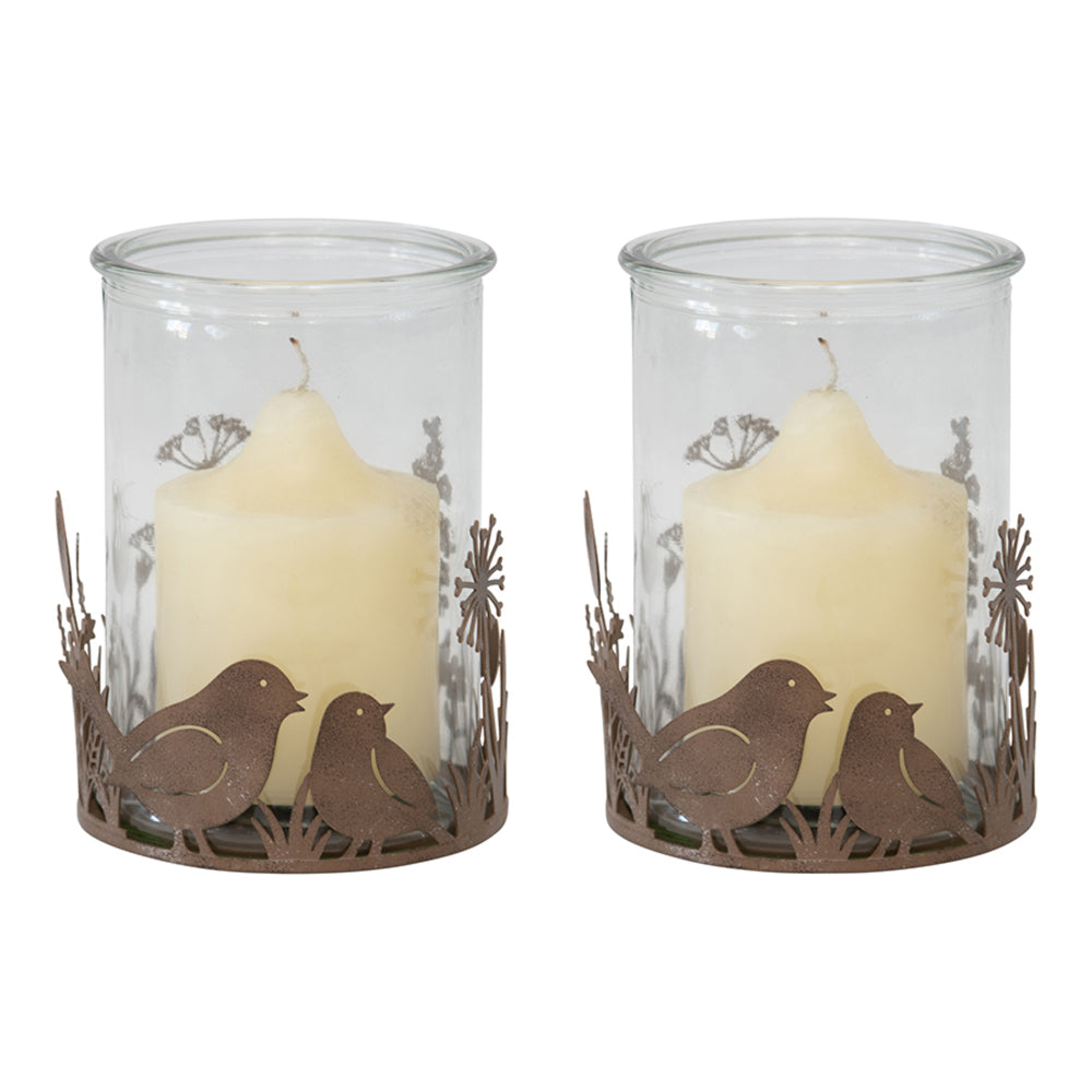 Rust Brown Glass Candle Holders - Set of 2, Birds, 10cm