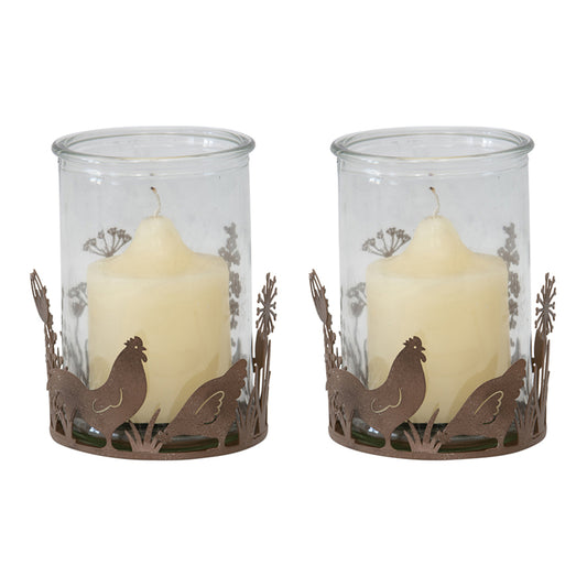 Set 2 Glass Candle holders in Low Rust Base w Chooks 10cm