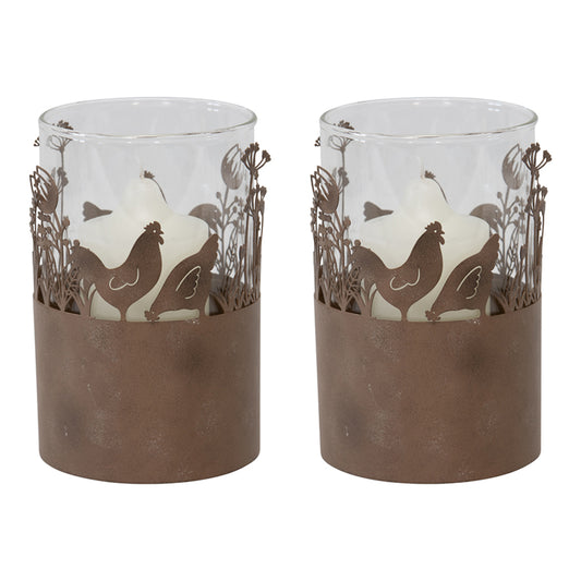 Rust Brown Glass Pillar Candle Holders - Set of 2, Chooks, 17cm