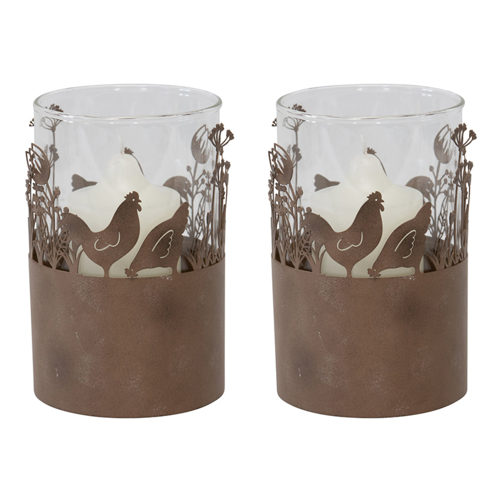 Rust Brown Glass Pillar Candle Holders - Set of 2, Chooks, 17cm