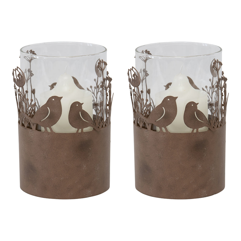 Rust Brown Glass Pillar Candle Holders - Set of 2, Birds, 17cm