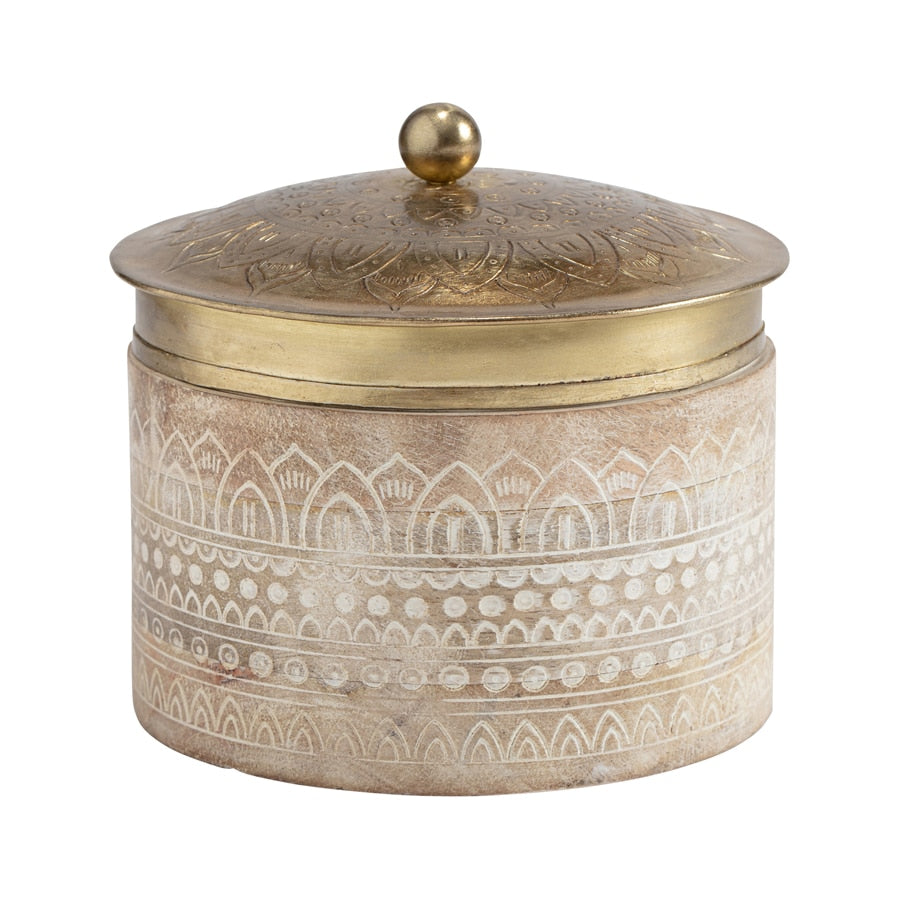 Hand Carved Round Wood Box W Pressed Metal Lid 13cm