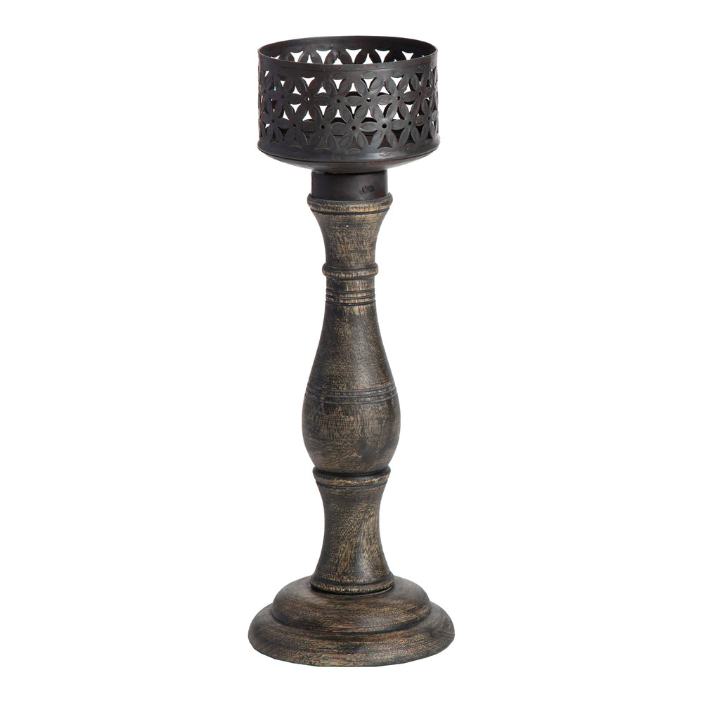Ornate 35cm Baroque Pillar Candleholder - Distressed Charcoal