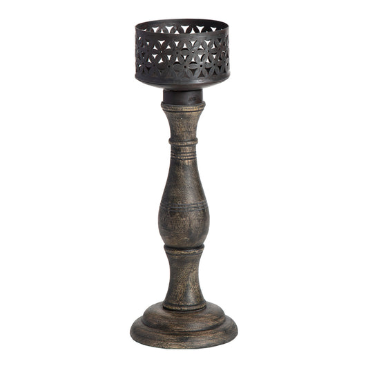 Ornate 35cm Baroque Pillar Candleholder - Distressed Charcoal