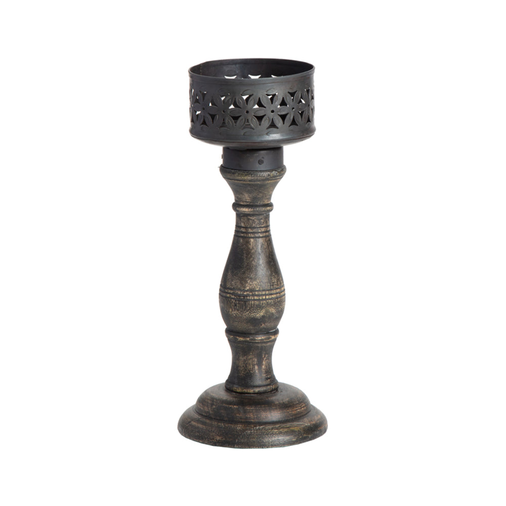 Ornate 26cm Baroque Pillar Candleholder - Distressed Charcoal