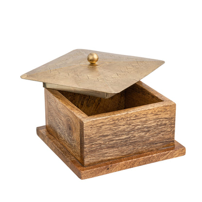 Handcrafted Square Mango Wood Box W Metal Pressed Lid 12cm