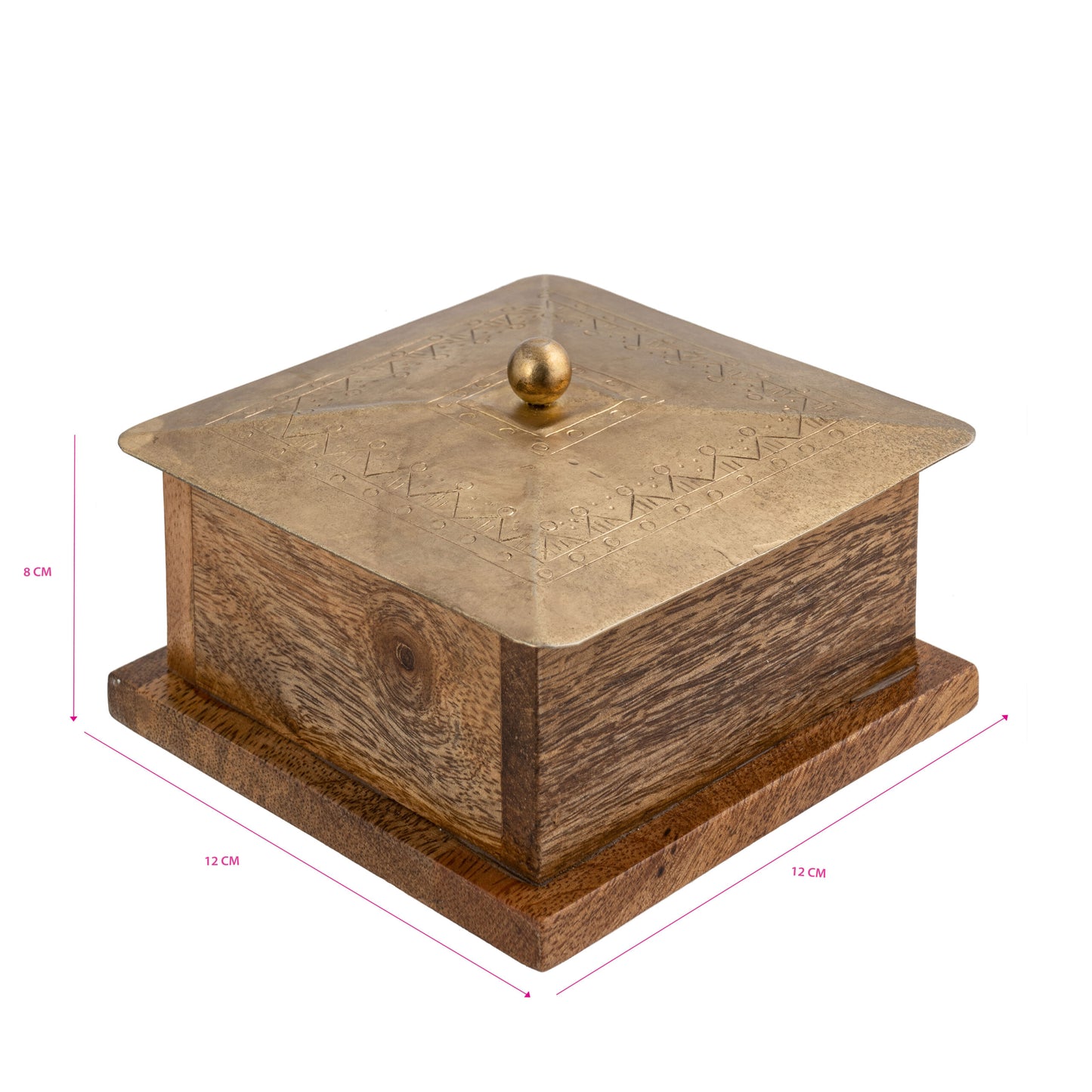 Handcrafted Square Mango Wood Box W Metal Pressed Lid 12cm