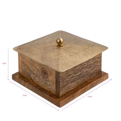 Handcrafted Square Mango Wood Box W Metal Pressed Lid 12cm